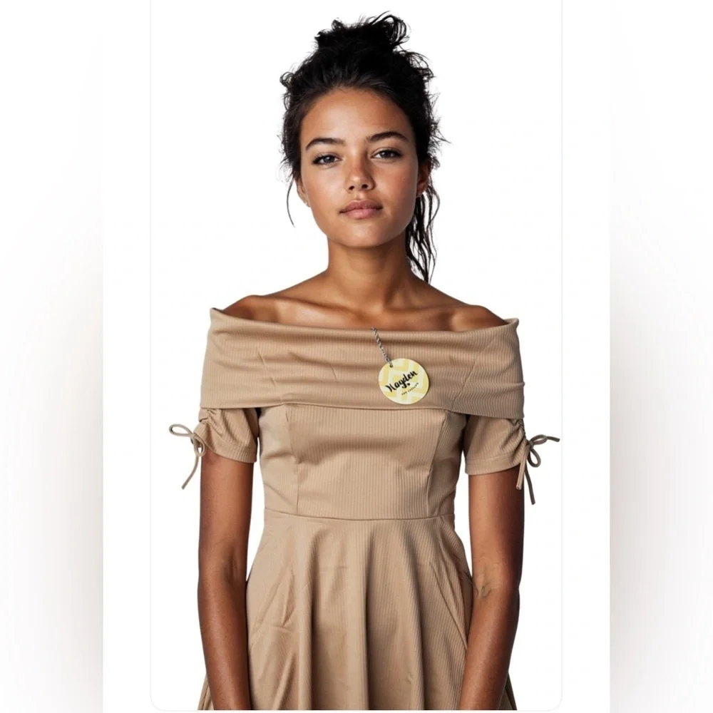 NWT- Small Soft Brown Cold / Off Shoulder  Ribbed Night out Dress 2026 Spring